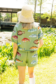 Multi Fish Queen of Sparkles Henley Shorts Cabana by The Seaside Style 